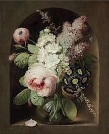 Roses, hyacinth and other flowers in a glass vase in a stone niche (G.F.Ziesel)