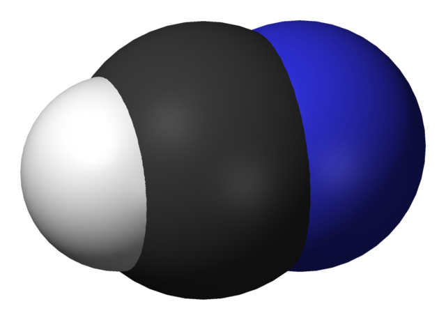 מולקולה של מימן ציאנידי. הצבע הלבן מסמל אטום מימן, השחור מסמל אטום פחמן והכחול מסמל אטום חנקן