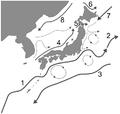 日本列島近海の海流 1：黒潮、2：黒潮続流、3：黒潮再循環流、4：対馬暖流 5：津軽暖流 6：宗谷暖流 7：親潮 8：リマン寒流