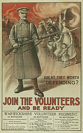 World War I recruiting poster for the Warwickshire Regiment Join the Volunteers - WWI Warwickshire Volunteer Regiment poster.jpg