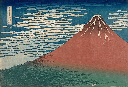 Vento do sul, céu claro, também conhecido como Fuji vermelho, é uma impressão japonesa da série Trinta e seis vistas do monte Fuji do pintor Katsushika Hokusai, publicada entre 1826 e 1831 (definição 5 196 × 3 520)