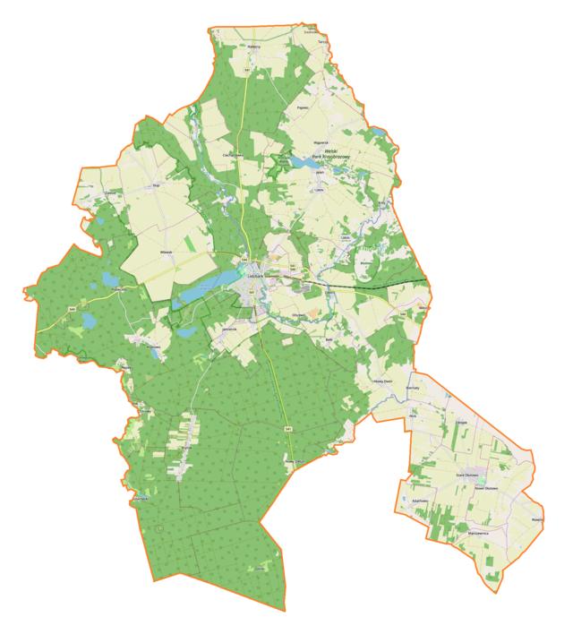 Mapa konturowa gminy Lidzbark, w centrum znajduje się punkt z opisem „Lidzbark”