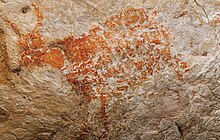 The oldest known figurative painting is a depiction of a bull that was discovered in the Lubang Jeriji Saleh cave in Indonesia. It was painted 40,000-52,000 years ago or earlier. Lubang Jeriji Saleh cave painting of Bull.jpg