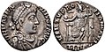 Münze des (Gegen-)Kaisers Magnus Maximus, Darstellung der Roma mit Globus und Szepter (387-388)