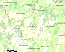 Carte élémentaire montrant les limites de la commune, les communes voisines, les zones de végétation et les routes