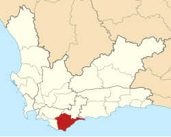 Kaart van Suid-Afrika wat Kaap Agulhas Plaaslike Munisipaliteit in Wes-Kaap aandui
