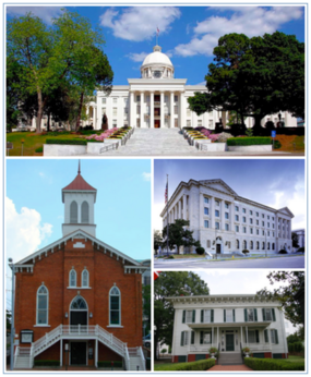 Images top, left to right:मॉन्टगोमरी के आकास रेखा अलाबामा नदी की ओर से, Alabama State Capitol, Dexter Avenue Baptist Church, Frank M. Johnson, Jr., Federal Building and United States Courthouse, First White House of the Confederacy