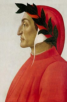 Potret kepala dan dada dari sisi samping Dante yang bermantel dan berkerudung merah-putih