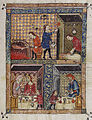 Preparación de la pascua judía, ilustración de la Hagadá Rylands, manuscrito hebreo catalán del siglo XIV.