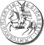Dessin d'un homme à cheval avec un heaume et un bouclier, le tout entouré d'une inscription en latin : Lantgravii Alsatie S Siegeberti