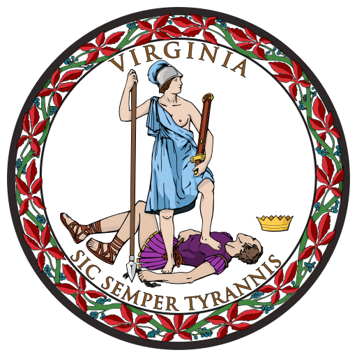 A circular seal with the words "Virginia" on the top and "Sic Semper Tyrannis" on the bottom. In the center, a woman wearing a blue toga as well as Athenian helmet stands on the chest of dead man wearing a purple breastplate and skirt. The woman holds a spear and sheathed sword. The man holds a broken chain while his crown lies away from the figures. Orange leaves encircle the seal.