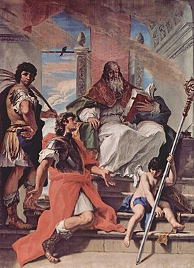 Святые Фирм и Рустик Веронские с ангелом, Себастьяно Риччи. Святой Прокл изображён сидящим.