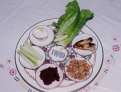 Traditional arrangement of symbolic foods on a Passover Seder plate Seder Plate.jpg