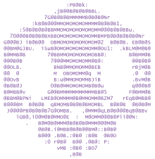 A series of purple characters create the image of a skull