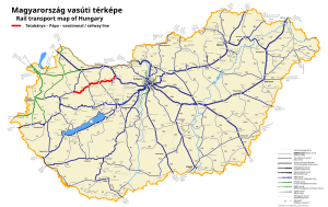 Route map of railways in Hungary showing the Tatabánya–Pápa railway line