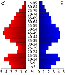 Schéma représentant la population du comté, par tranche d'âge. En rouge, à gauche, les femmes, en bleu à droite, les hommes.