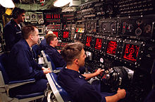 USS Seawolf (SSN-21) Ship Control Panel, with yokes for control surfaces (planes and rudder), and Ballast Control Panel (background), to control the water in tanks and ship's trim USS Seawolf (SSN 21) Control Room HighRes.jpg