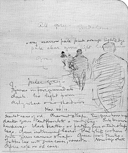 Journal page with handwriting and a rough sketch of men walking ahead single-file