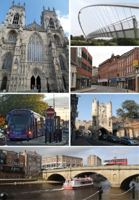 Clockwise from top left: York Minster, Shambles Market, Magistrates' court, River Ouse, York railway station