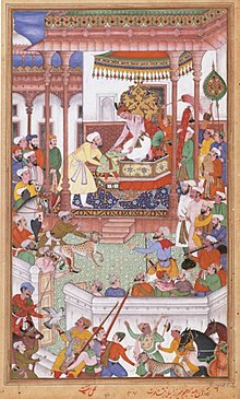 Young Abdul Rahim Khan-I-Khana being received by Akbar, Akbarnama.jpg