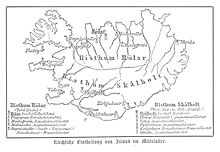 1889 map showing the location in Iceland of the two major Catholic bishoprics, and of the Catholic monasteries under their jurisdiction, before the Protestant Reformation. (Baumg1889) Kirchliche Einteilung (Bistumer) Islands im Mittelalter.jpg