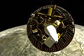 Artist's conception of Lunar Prospector spacecraft, head-on, just before it impacts the Moon.