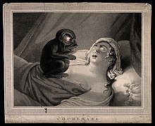 Woman having a nightmare. Jean-Pierre Simon (1764-1810 or 1813). A perturbed young woman fast asleep Wellcome V0016638.jpg