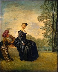 La Boudeuse from the Hermitage Museum: "Flirting coquettishly yet innocently, the artist's imaginary heroes - the deliberately indifferent lady and her insistently attentive cavalier - are shown with gentle irony. Their fragile, elegant world is dominated by a lyrical mood with just a touch of elegiac melancholy."[1].