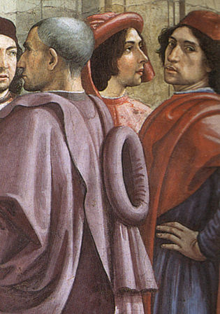 Cappella Sassetti, Ringjallja e fëmijës, nga e majta David Ghirlandaio, Sebastiano Mainardi dhe Domenico Ghirlandaio