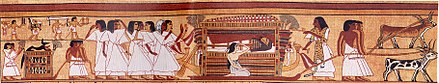 Papyrus peint montrant une frise de personnages, des serviteurs et servantes, qui accomplissent les rites funéraires pour une momie (au centre).
