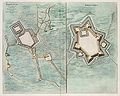 Plan de la capture de Breevoort (Bredevoort) en 1597 par Maurice d'Orange (gauche); plan de Bredevoort en 1649 (droite), le château est intégré au périmètre de la ville