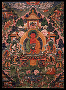 Buddha Amitabha in His Pure Land of Suvakti, Central Tibet. 18th century; Ground mineral pigment on cotton