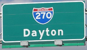 Button copy overhead sign on I-270 in Ohio, including button copy shield outline and numerals