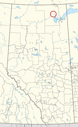 A map of the province of Alberta showing 80 counties and 145 small Indian reserves. One is highlighted with a red circle.