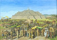 A painting by G. B. Hooijer (c. 1916-1919) reconstructing a scene of Borobudur, the largest Buddhist temple in the world.