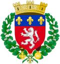 Armas parlantes del escudo de armas de Lyon, Francia (siglo XIV, basado en escudo de armas del antiguo conde de Lyon.