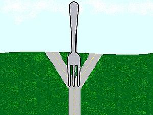 A dinner fork stuck in a road is a common pun ...
