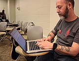 Editing for Wikipedia during the 2016 Art + Feminism Wikipedia edit-a-thon at Cornell University on March 5, 2016.