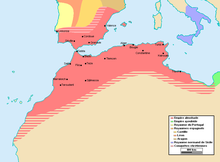 The empire of the Almohad dynasty at its greatest extent, c. 1212. Empire almohade.PNG