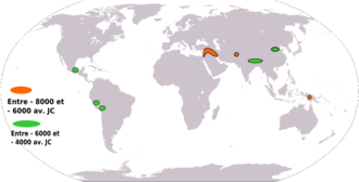 Carte du monde avec la localisation des premières agricultures : Croissant fertile, plaine du Gange, plaine du Huang He, plateaux mexicains, Altiplano andin et Nouvelle-Guinée.