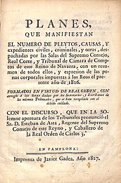 Memoria anual de los tribunales de Navarra. La portada de estilo neoclásico luce tipos de calidad (1827)