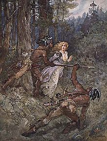 Картина Лауры Секорд во главе с воинами-могавками через лес