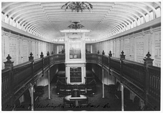 Interior view of galleried central parlor with clerestory