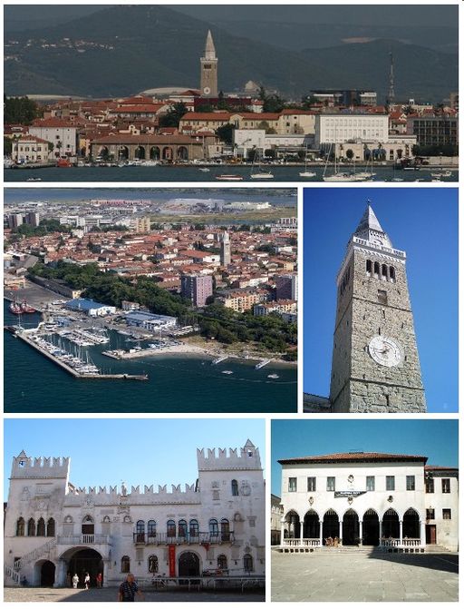 Top: Koper viewed from Žusterna, Middle: Port of Koper (left), precondition Cathedral (right), Bottom: Praetorian Palace (left), Loggia Palace (right)