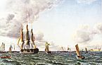 Linieskibet "Valdemar" krydser Sundet ind for en frisk bramsejlskuling (1856)