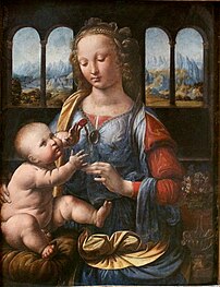La Madone à l’œillet (1478), tableau de Léonard de Vinci (musée de Munich, Alte Pinakothek). (définition réelle 2 024 × 2 677)