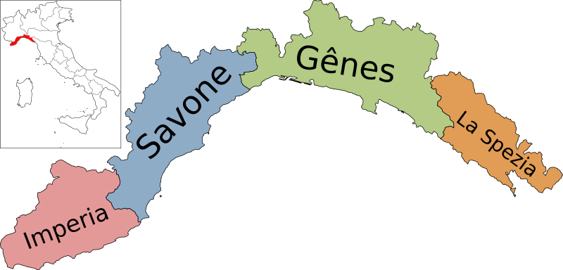 Fichier: Carte de la région de la Ligurie, en Italie, avec les provinces-fr.svg