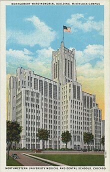 The Montgomery Ward Memorial Building (1927) at Northwestern's Feinberg School of Medicine in Chicago, America's first academic skyscraper Montgomery Ward Memorial Building, Mckinlock Campus, Northwestern University Medical And Dental... (NBY 415314).jpg