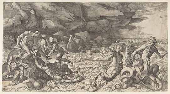 Mythological imagery: Neptune calming the tempest raised by Aeolus. Engraving by Giulio Bonasone, 1531–1576