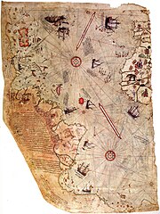 Surviving fragment of the first World Map of Piri Reis (1513) showing parts of the Americas. Piri reis world map 01.jpg